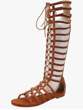 JUSTFAB - Tan Brown Gladiator Knee-High Lace-Up Sandals